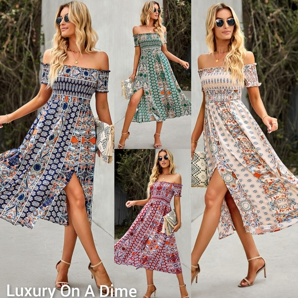 Bohemian Retro 70s Floral Smock Chest Off-Shoulder Midi Summer Dress Apricot - Picture 8 of 8